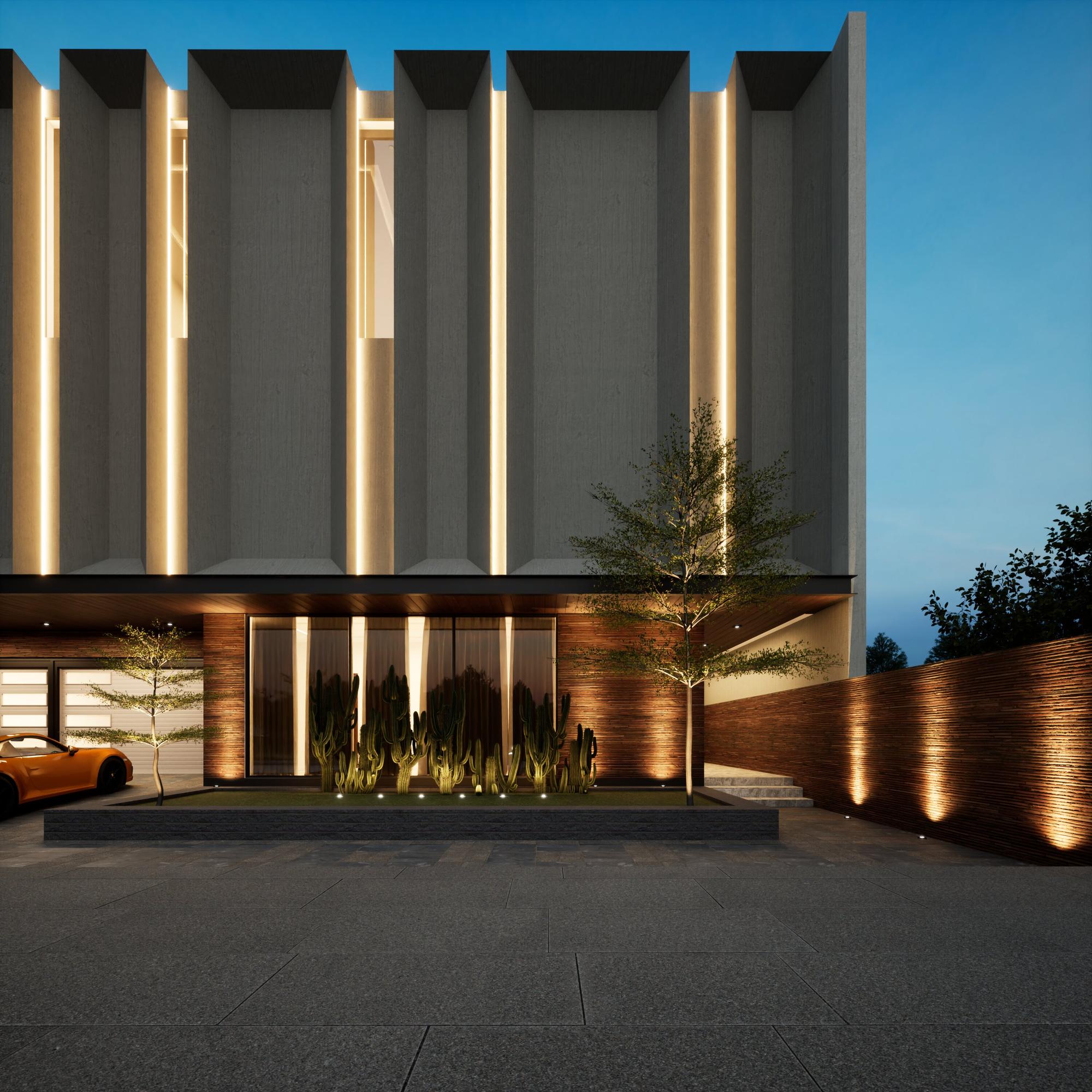 Modern apartment exterior with warm lights